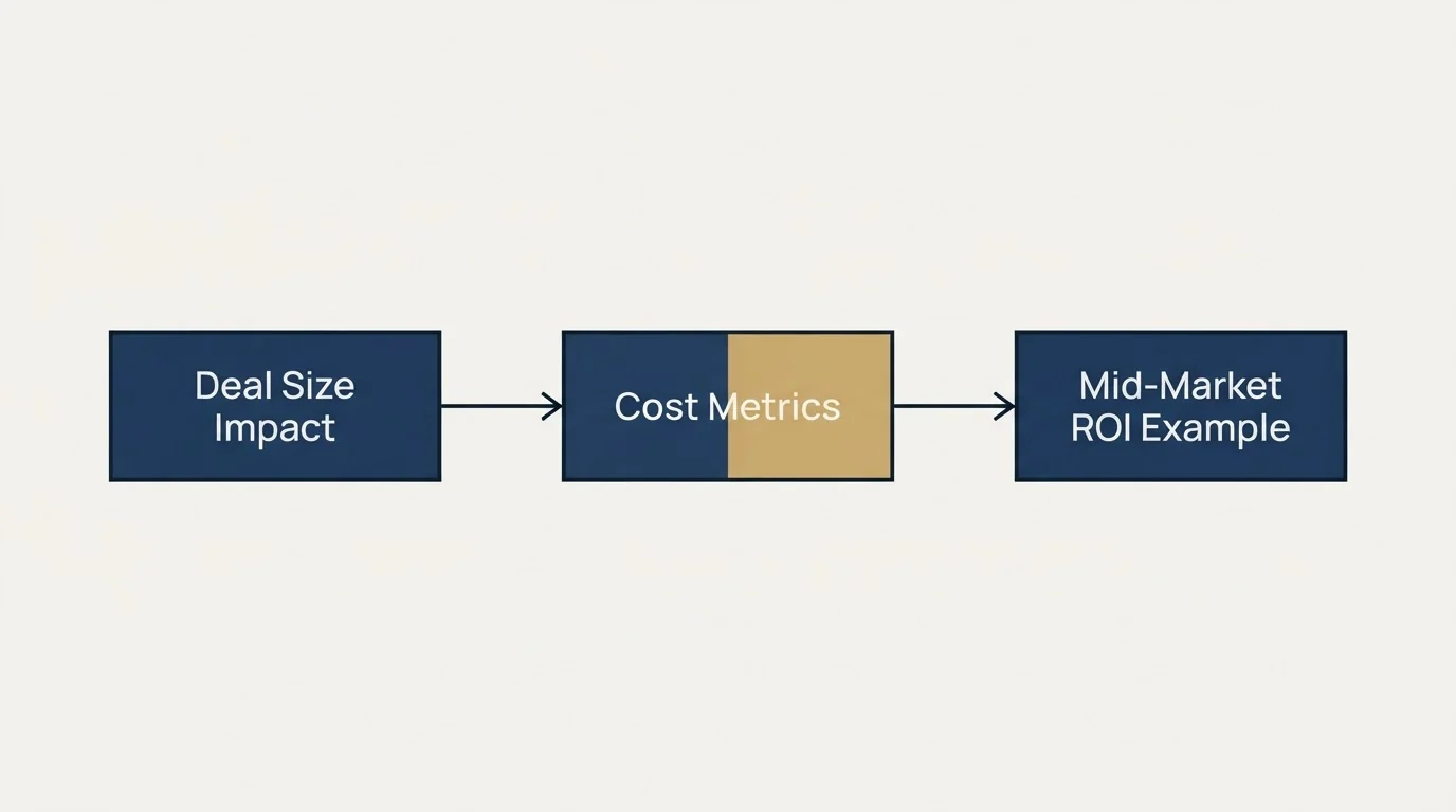 Schematic: Mid-Market ROI Benchmarks (Cost Metrics, Deal Size Impact, Mid-Market ROI Example)