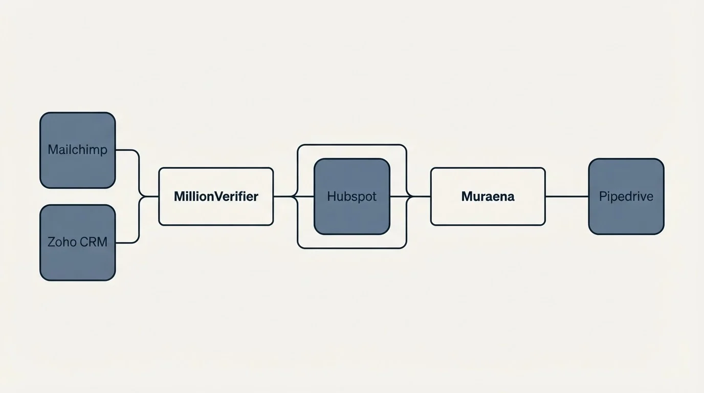 Integration schematic: Integration Ecosystem (MillionVerifier, Muraena, Hubspot, Mailchimp)