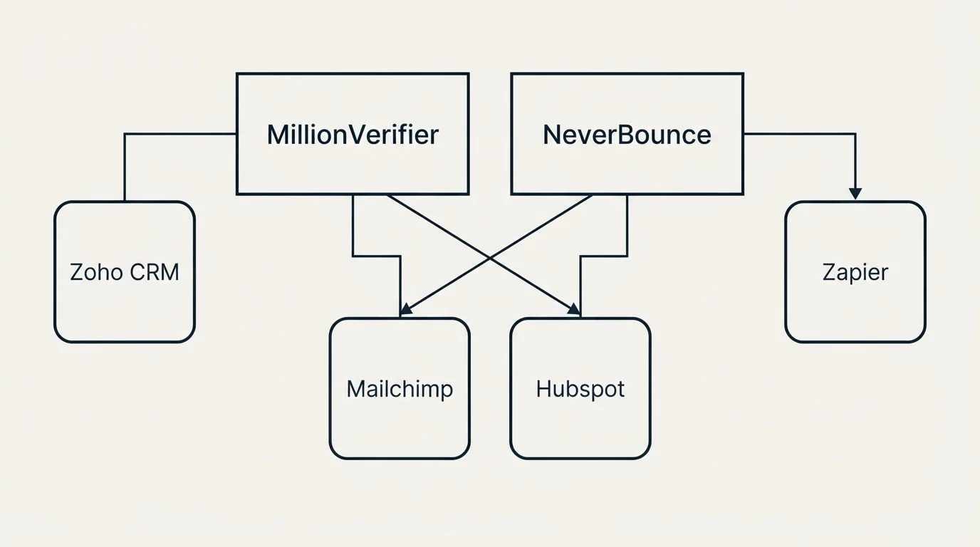 Integration grid: Integration Ecosystem (MillionVerifier, NeverBounce, Mailchimp, Hubspot)