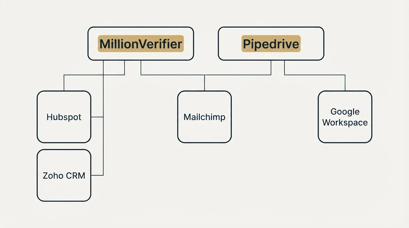 Integration grid: Integration Ecosystem (MillionVerifier, Pipedrive, Mailchimp, Hubspot)