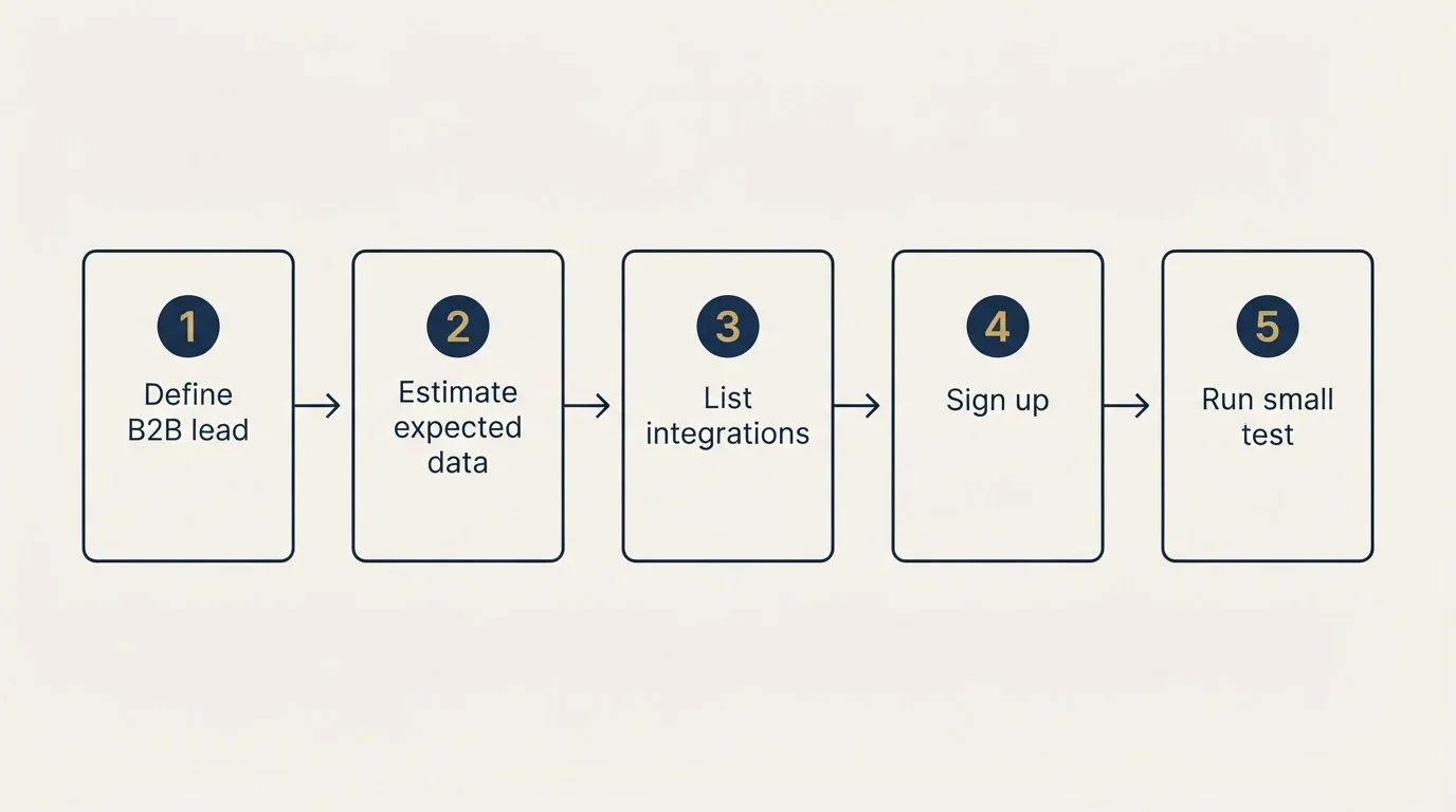 Step sequence: Getting Started Checklist (Define B2B lead, Estimate expected data, List integrations, Sign up)