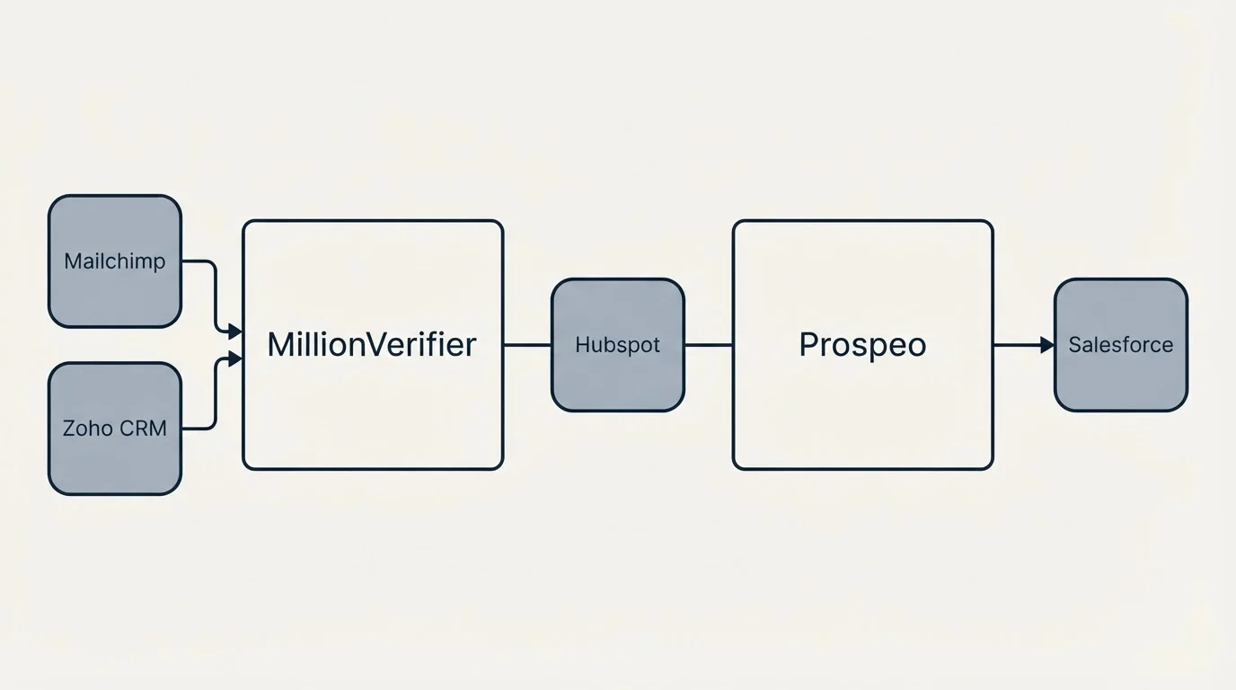 Integration flow: Integration Ecosystem (MillionVerifier, Prospeo, Hubspot, Mailchimp)