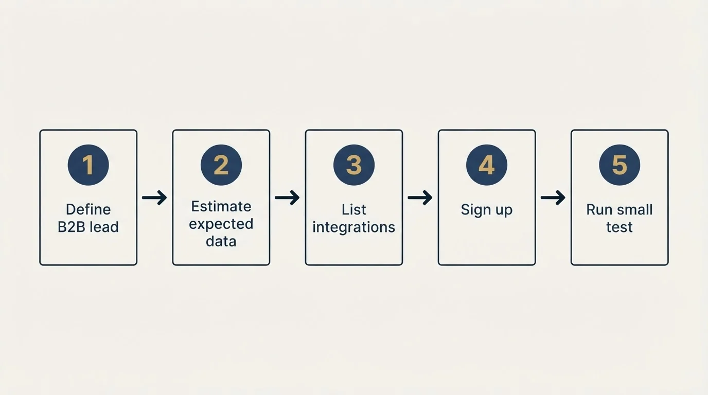 Step sequence: Getting Started Checklist (Define B2B lead, Estimate expected data, List integrations, Sign up)