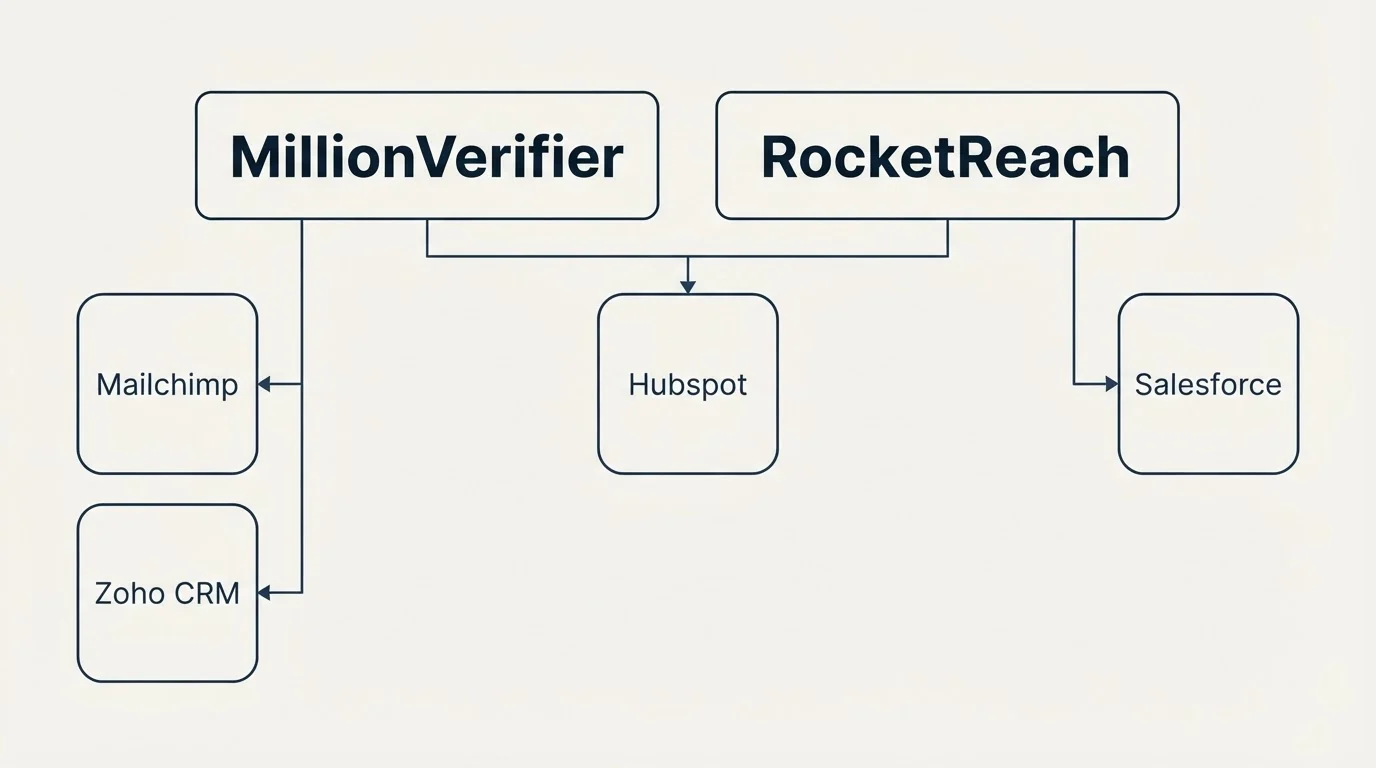 Integration grid: Integration Ecosystem (MillionVerifier, RocketReach, Hubspot, Mailchimp)