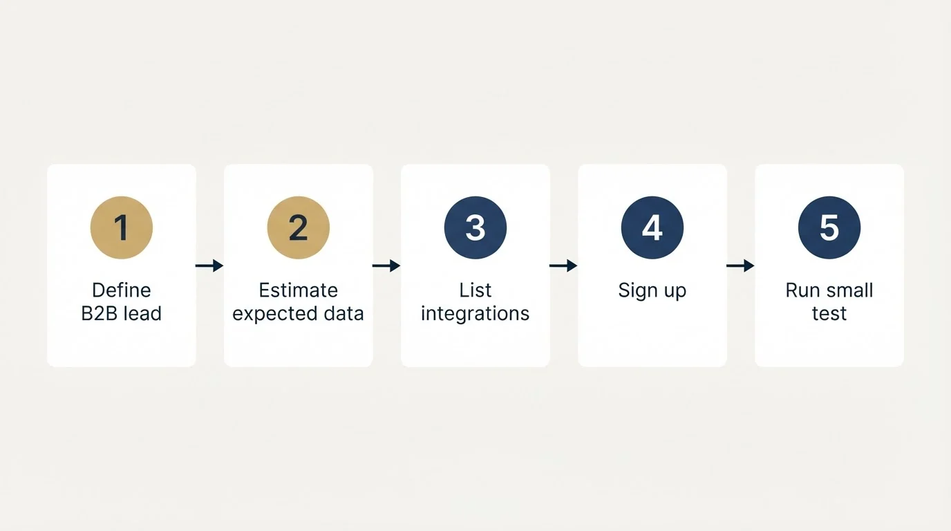 Step sequence: Getting Started Checklist (Define B2B lead, Estimate expected data, List integrations, Sign up)