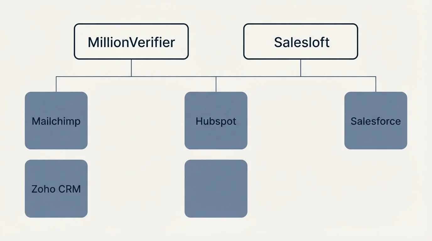 Integration grid: Integration Ecosystem (MillionVerifier, Salesloft, Hubspot, Mailchimp)