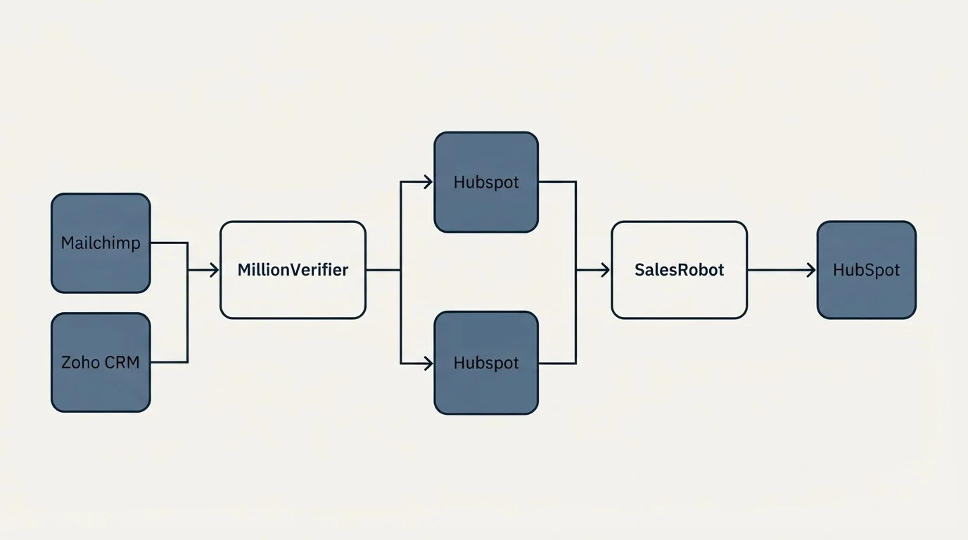 Integration flow: Integration Ecosystem (MillionVerifier, SalesRobot, Hubspot, Mailchimp)