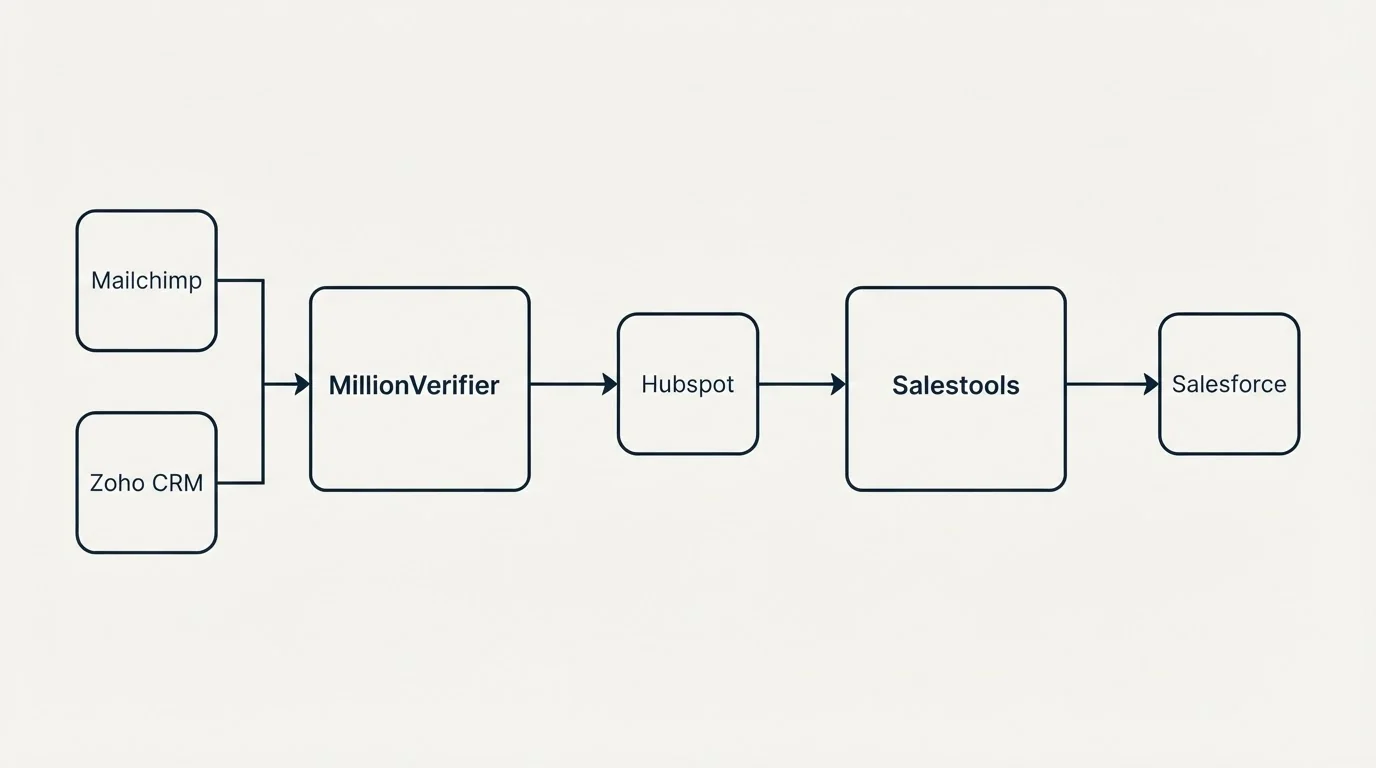 Integration flow: Integration Ecosystem (MillionVerifier, Salestools, Hubspot, Mailchimp)