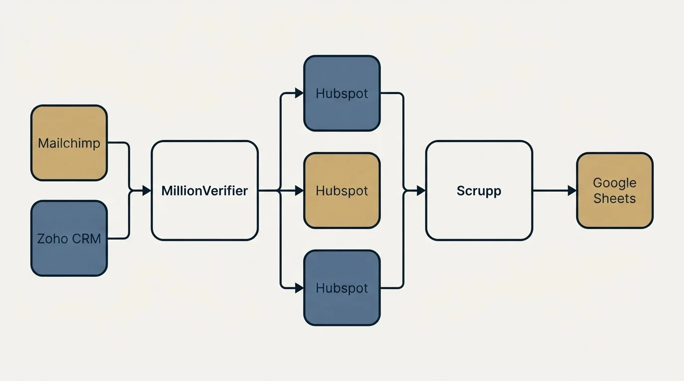 Integration flow: Integration Ecosystem (MillionVerifier, Scrupp, Hubspot, Mailchimp)