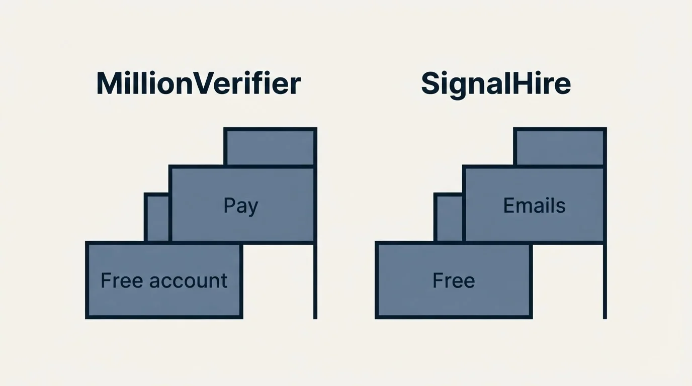 Pricing ladder: Pricing Comparison (MillionVerifier, SignalHire, Free account, Free)