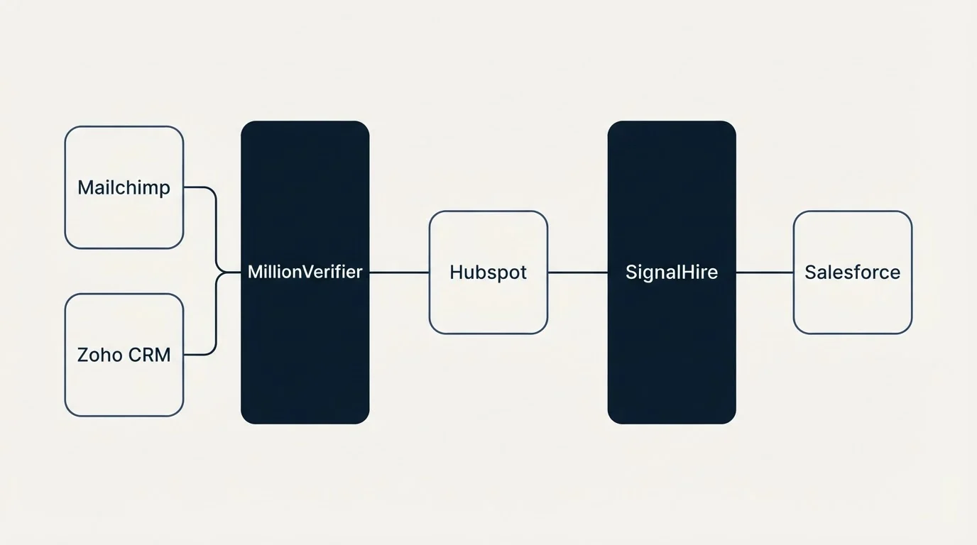 Integration schematic: Integration Ecosystem (MillionVerifier, SignalHire, Hubspot, Mailchimp)