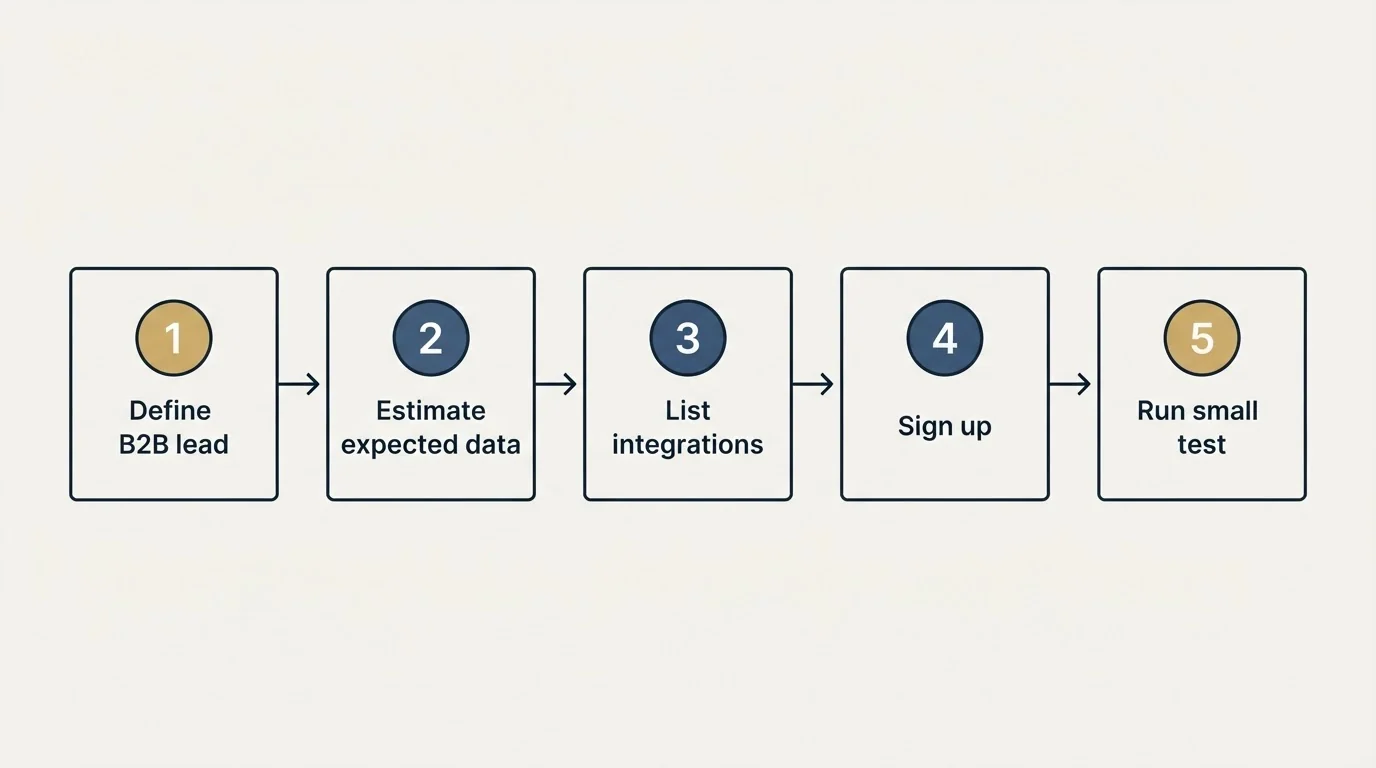 Step sequence: Getting Started Checklist (Define B2B lead, Estimate expected data, List integrations, Sign up)