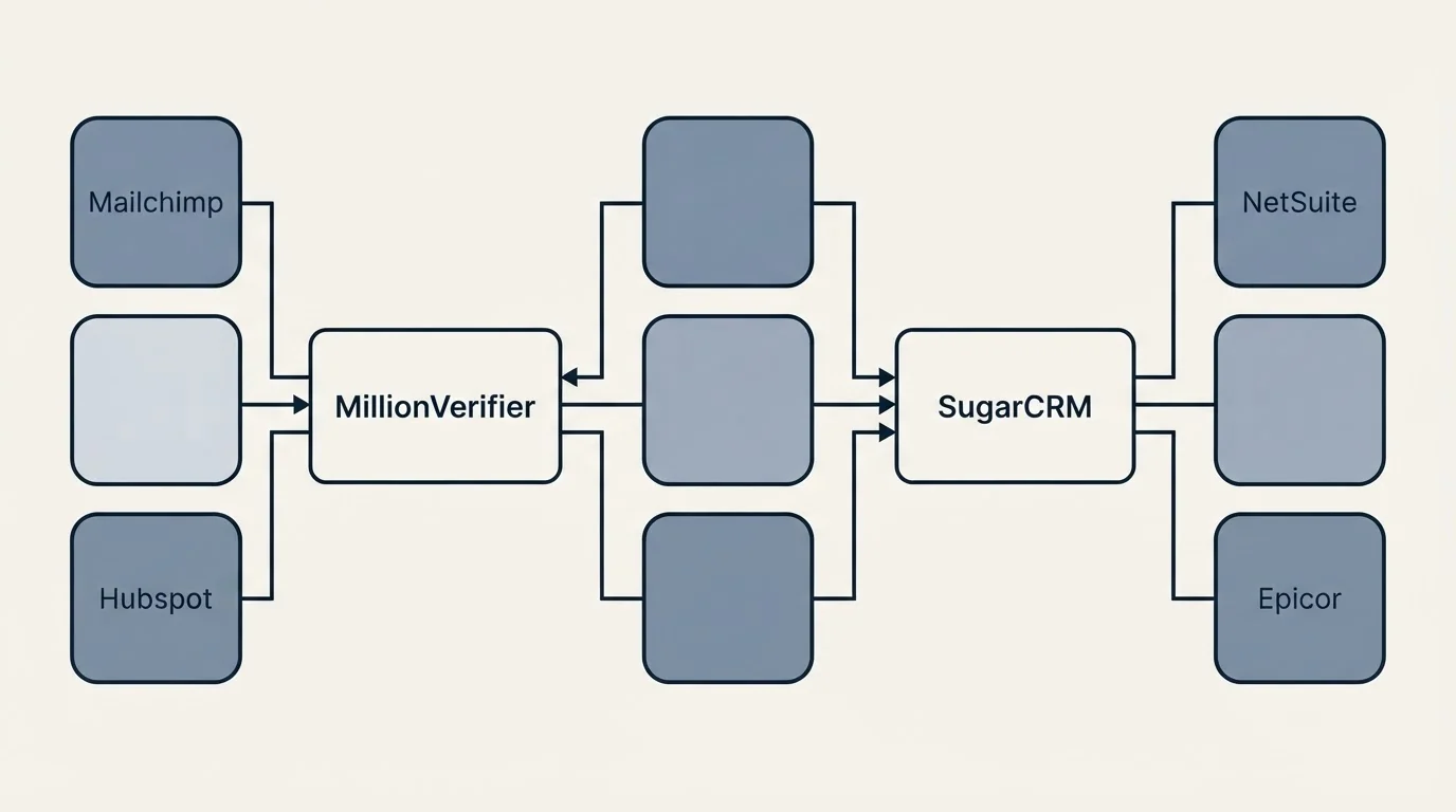 Integration flow: Integration Ecosystem (MillionVerifier, SugarCRM, Mailchimp, NetSuite)