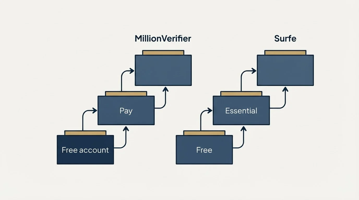 Pricing ladder: Pricing Comparison (MillionVerifier, Surfe, Free account, Free)