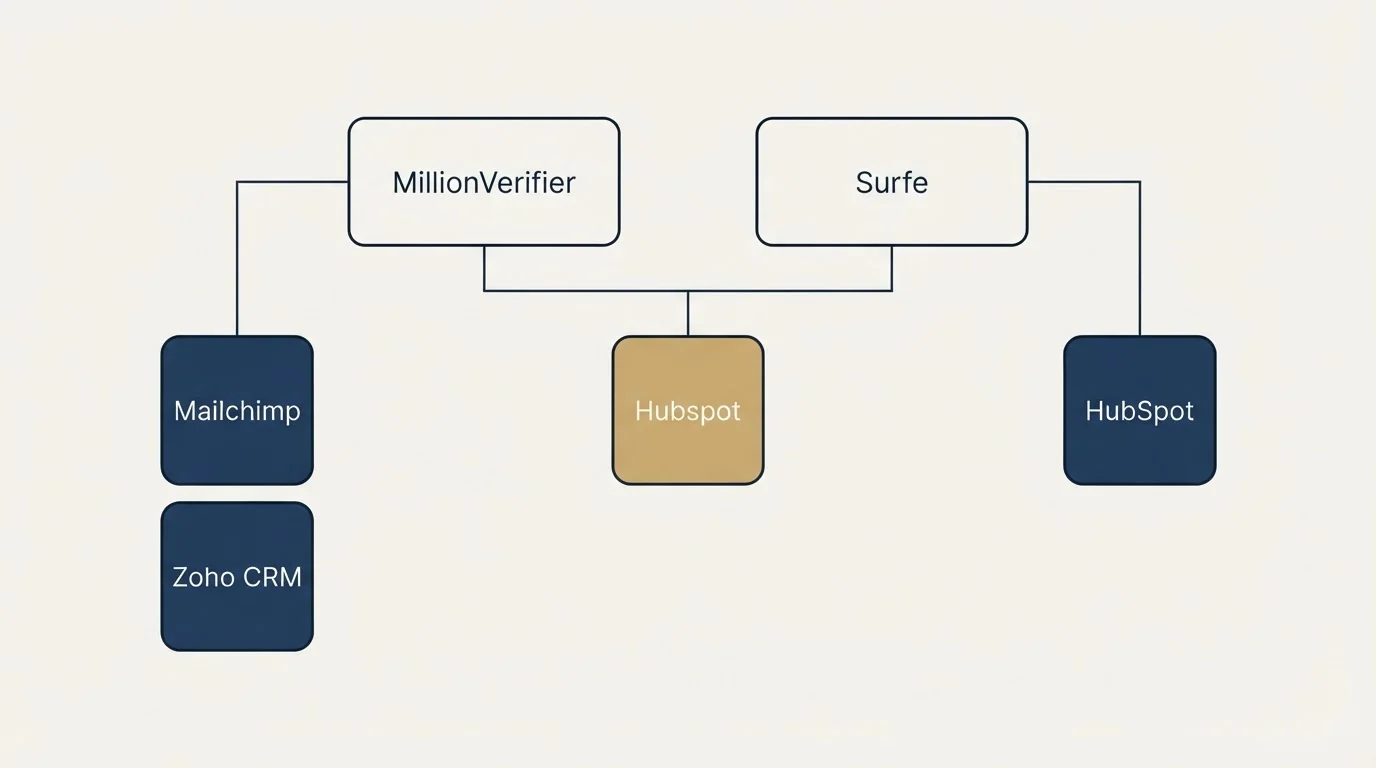 Integration grid: Integration Ecosystem (MillionVerifier, Surfe, Hubspot, Mailchimp)