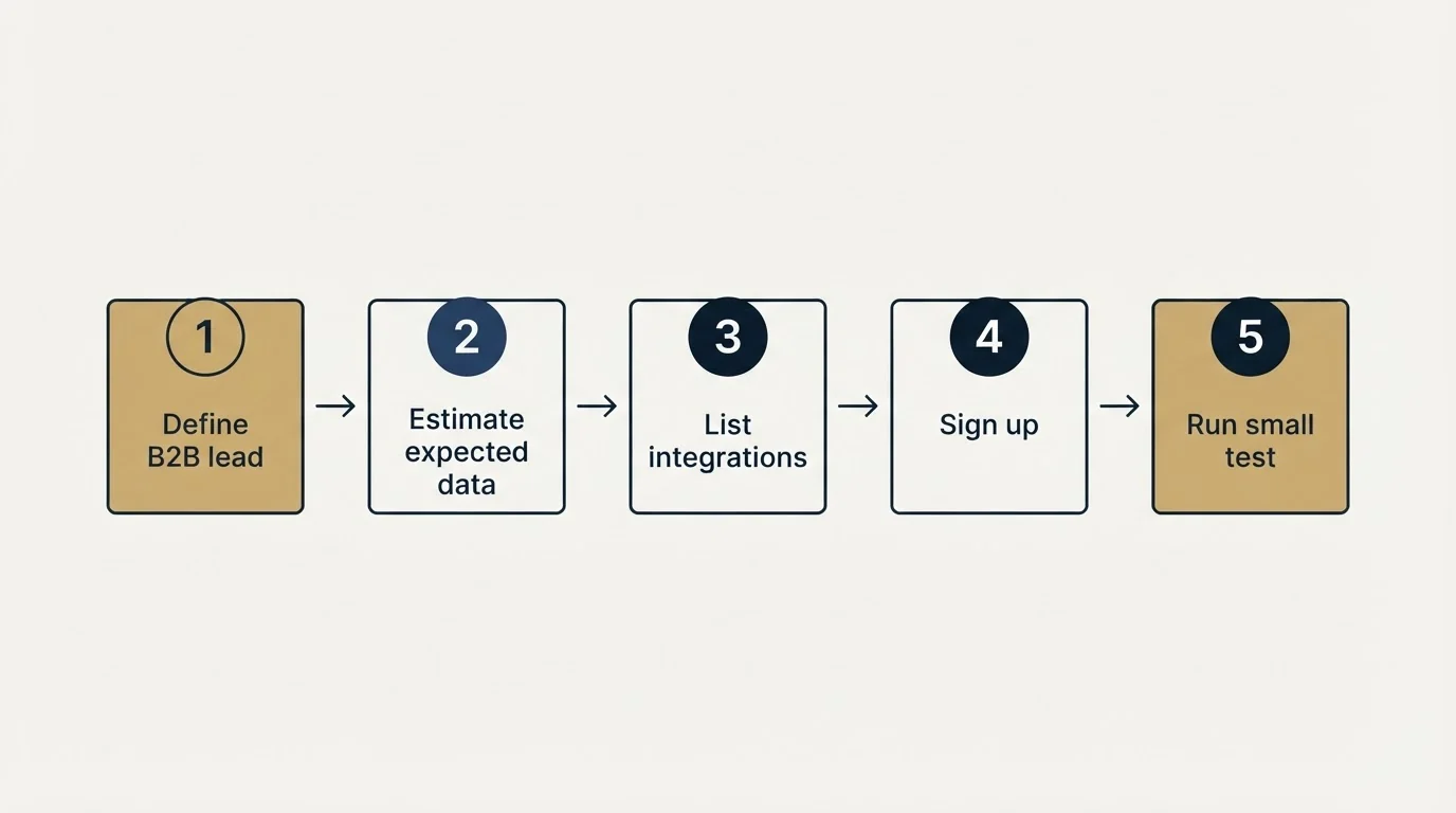 Step sequence: Getting Started Checklist (Define B2B lead, Estimate expected data, List integrations, Sign up)