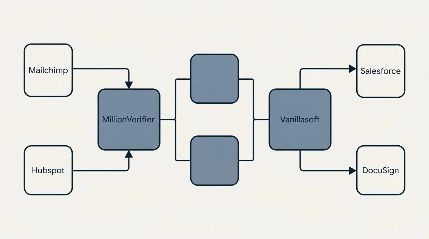 Integration flow: Integration Ecosystem (MillionVerifier, Vanillasoft, Mailchimp, Salesforce)