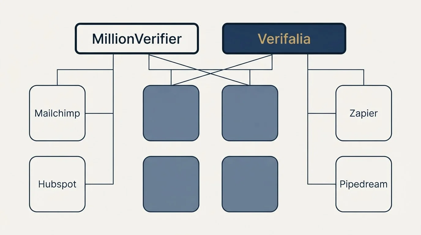 Integration grid: Integration Ecosystem (MillionVerifier, Verifalia, Mailchimp, Zapier)