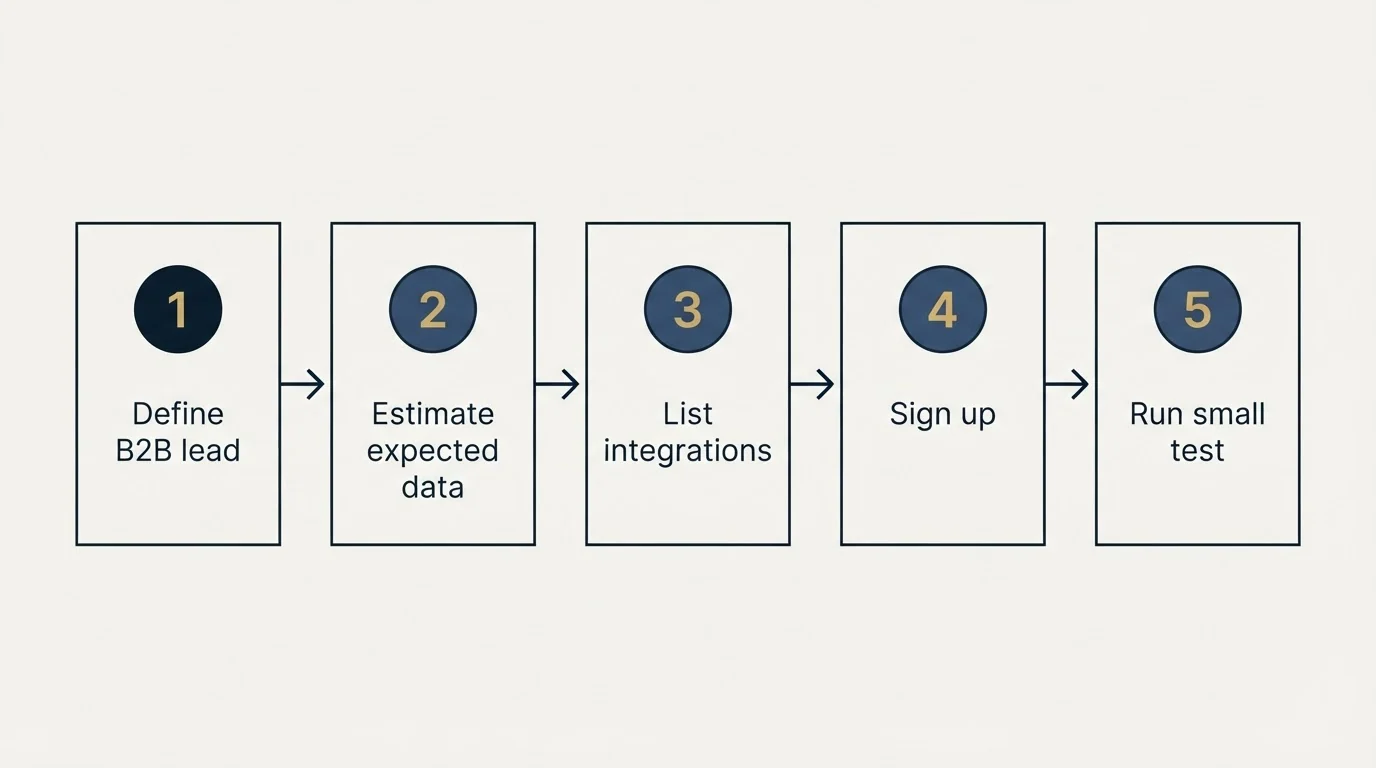 Step sequence: Getting Started Checklist (Define B2B lead, Estimate expected data, List integrations, Sign up)