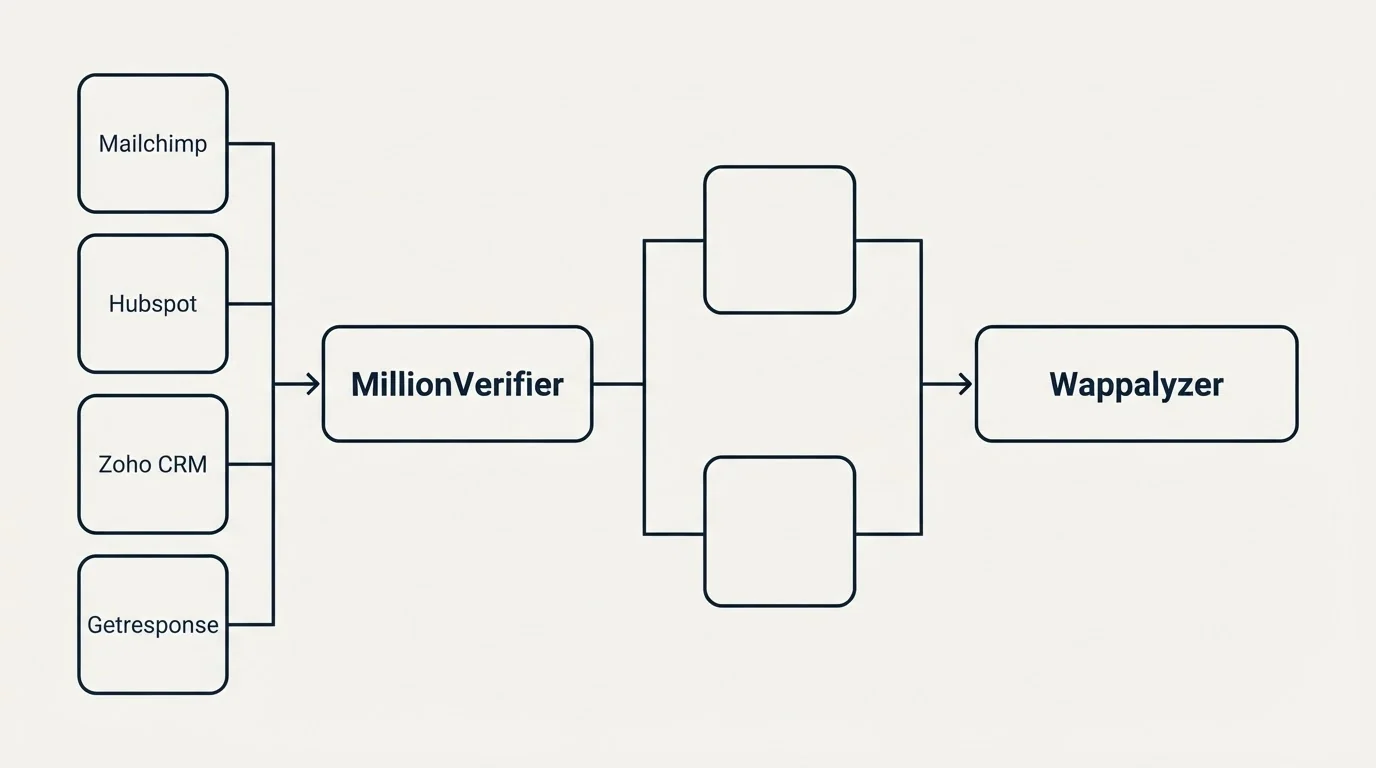 Integration flow: Integration Ecosystem (MillionVerifier, Wappalyzer, Mailchimp, Hubspot)