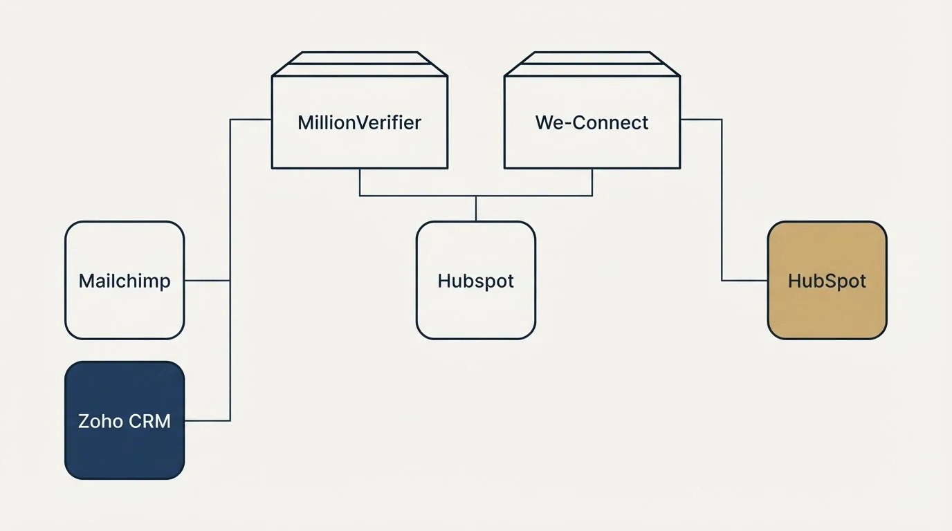 Integration grid: Integration Ecosystem (MillionVerifier, We-Connect, Hubspot, Mailchimp)