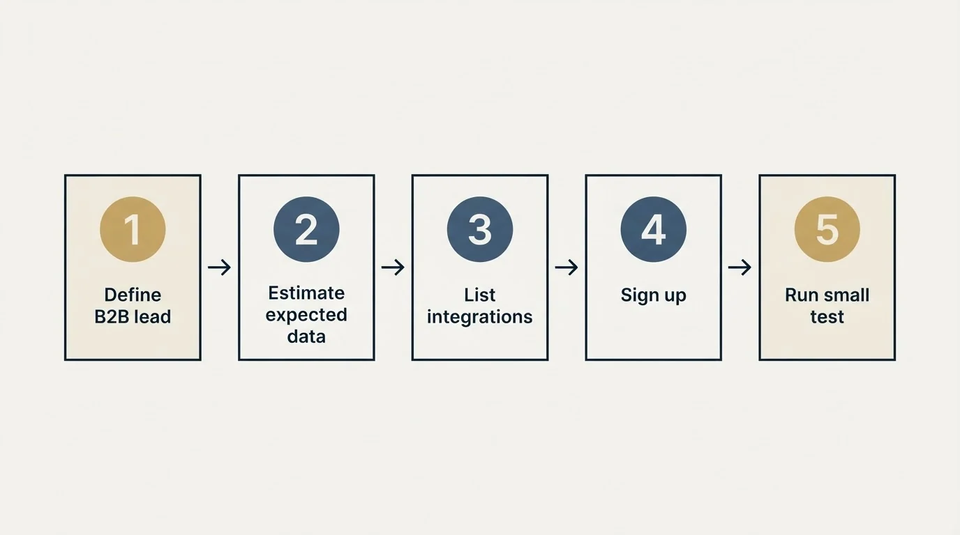 Step sequence: Getting Started Checklist (Define B2B lead, Estimate expected data, List integrations, Sign up)