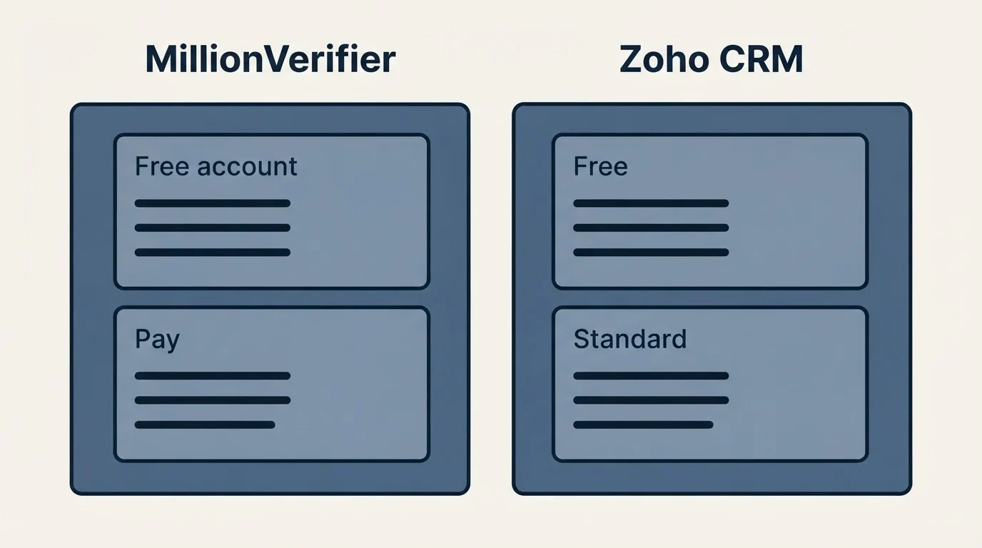 Pricing panels: Pricing Comparison (MillionVerifier, Zoho CRM, Free account, Free)