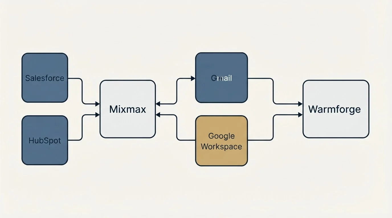 Integration schematic: Integration Ecosystem (Mixmax, Warmforge, Gmail, Google Workspace)