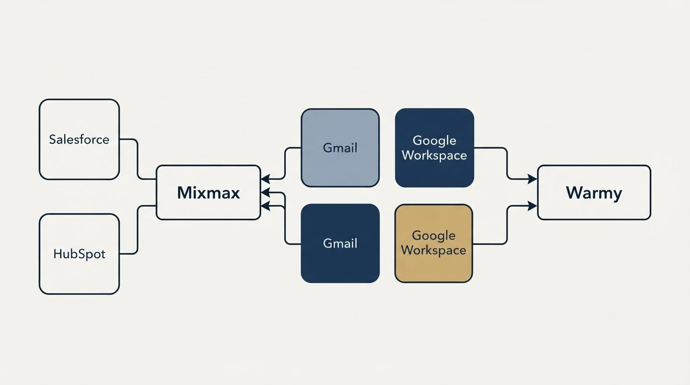Integration schematic: Integration Ecosystem (Mixmax, Warmy, Gmail, Google Workspace)