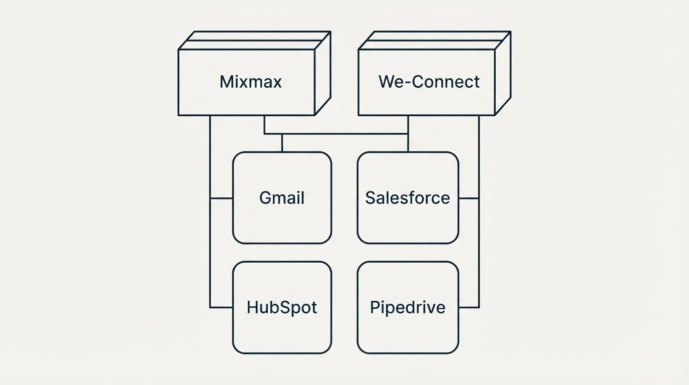 Integration grid: Integration Ecosystem (Mixmax, We-Connect, Gmail, Salesforce)