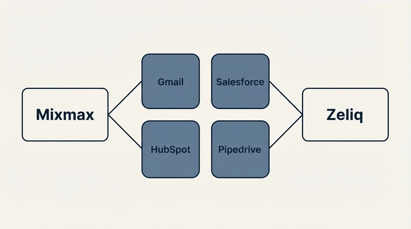 Integration schematic: Integration Ecosystem (Mixmax, Zeliq, Gmail, Salesforce)