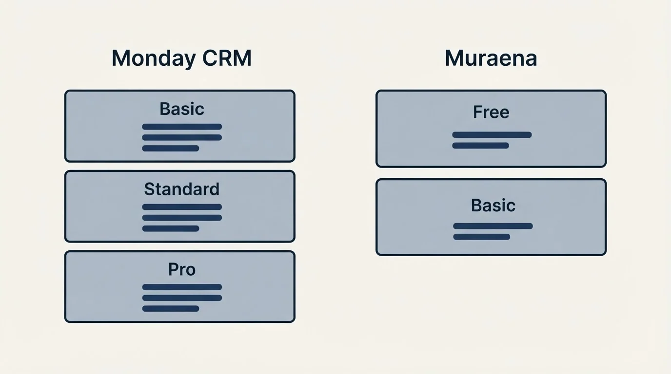 Pricing panels: Pricing Comparison (Monday CRM, Muraena, Basic, Free)