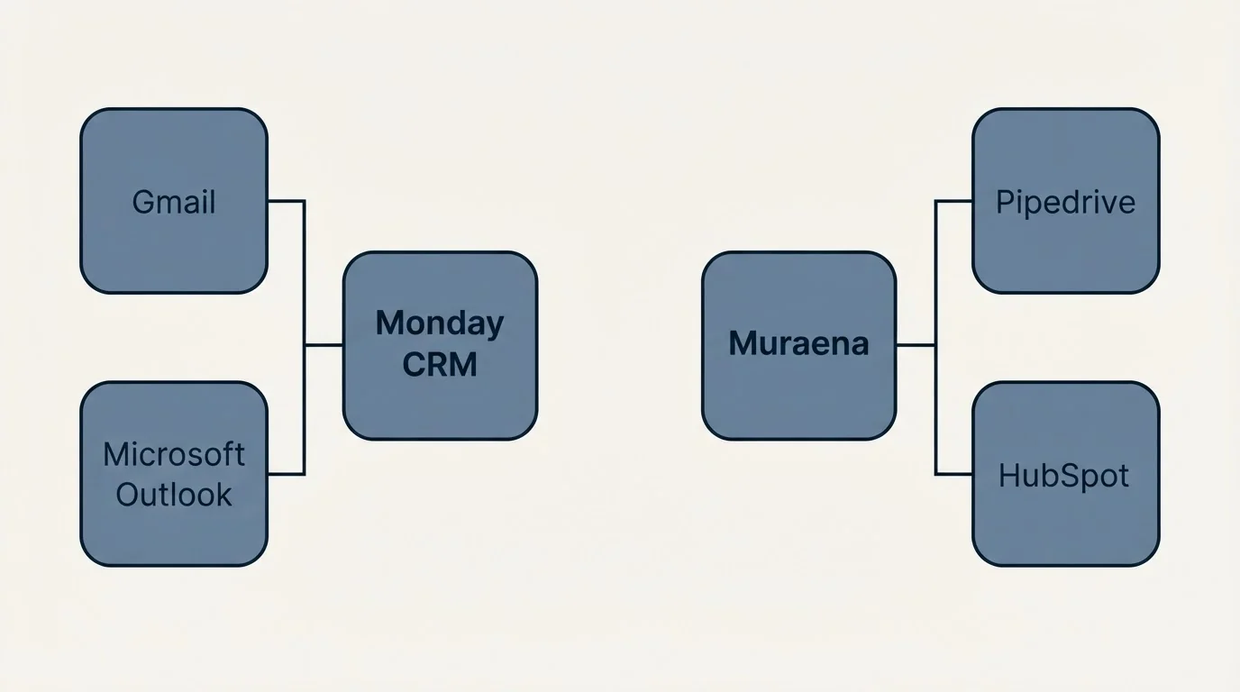 Integration flow: Integration Ecosystem (Monday CRM, Muraena, Gmail, Pipedrive)