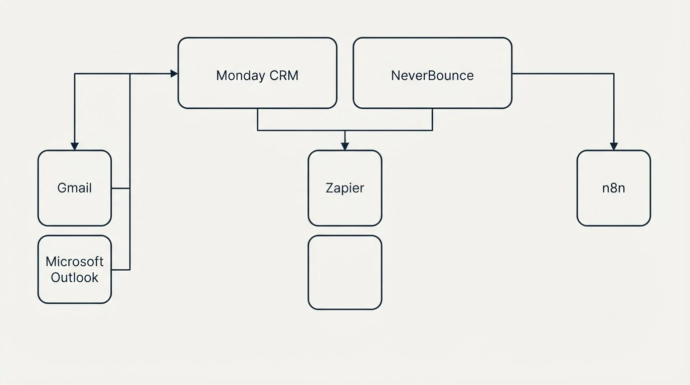 Integration grid: Integration Ecosystem (Monday CRM, NeverBounce, Zapier, Gmail)