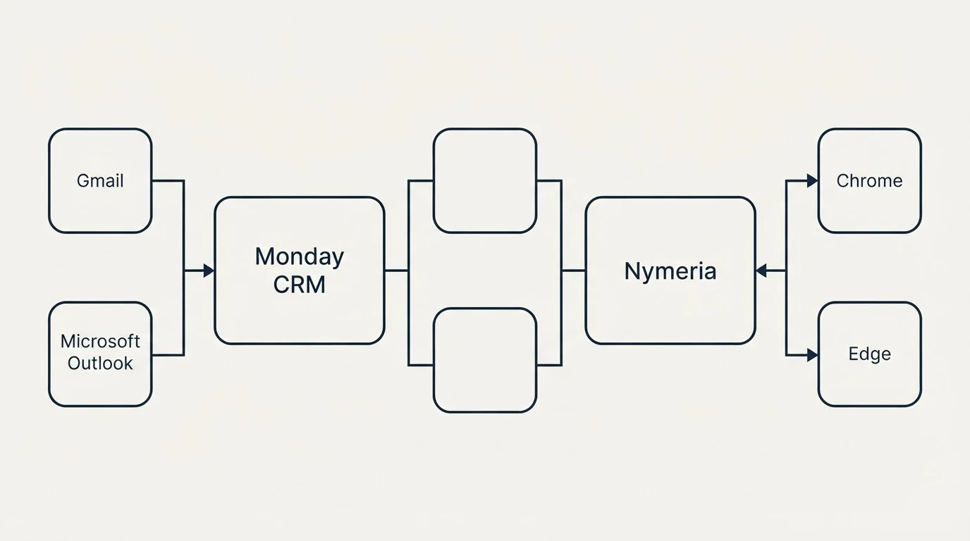 Integration flow: Integration Ecosystem (Monday CRM, Nymeria, Gmail, Chrome)