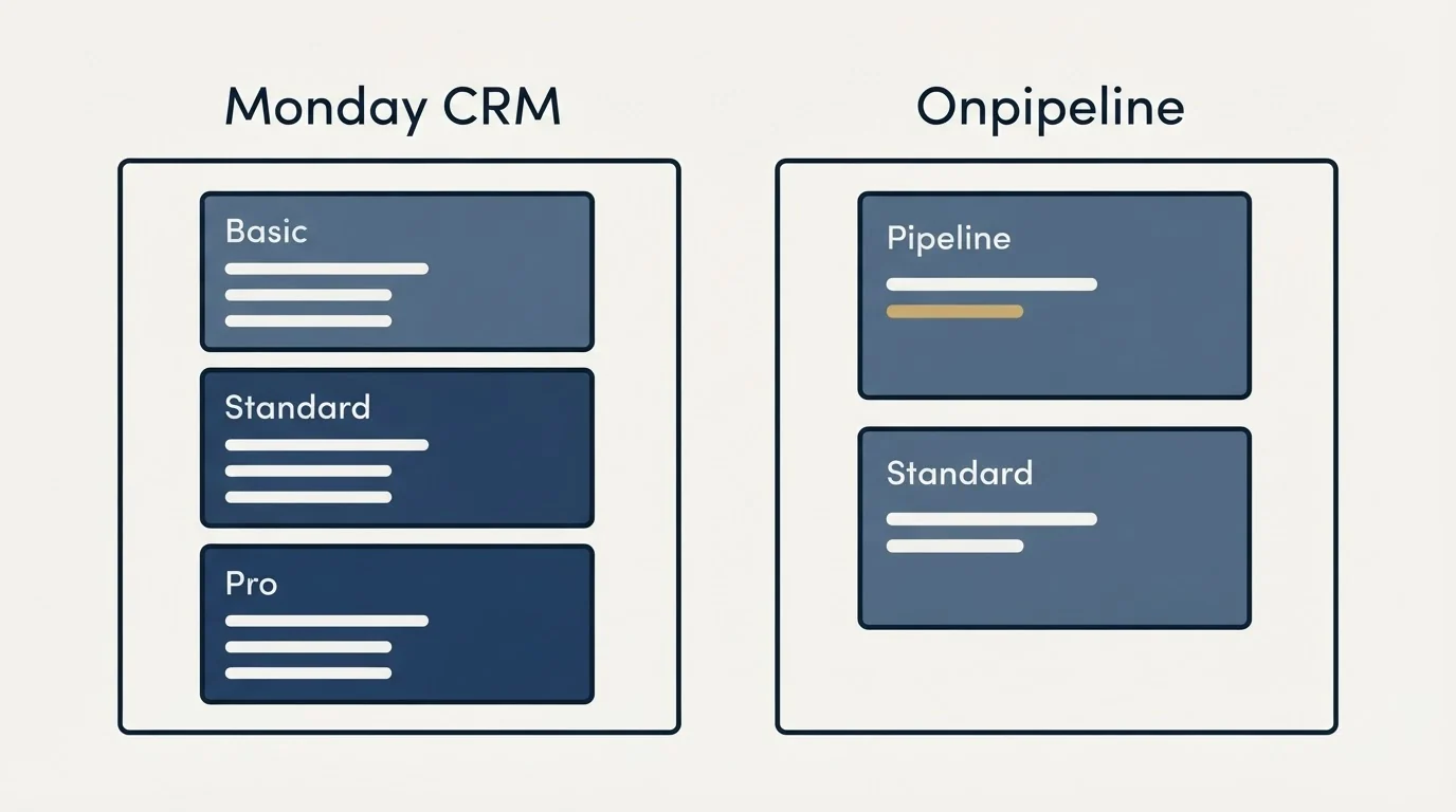 Pricing panels: Pricing Comparison (Monday CRM, Onpipeline, Basic, Pipeline)
