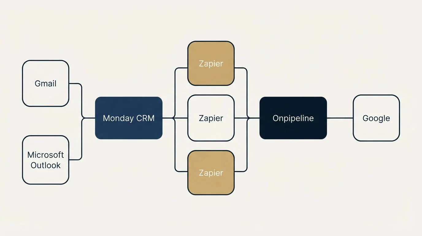 Integration flow: Integration Ecosystem (Monday CRM, Onpipeline, Zapier, Gmail)