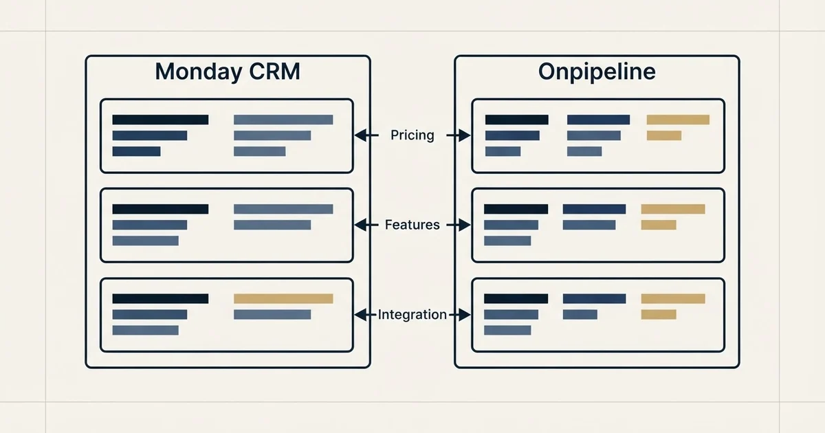 Comparison panel: Monday CRM vs Onpipeline (Pricing, Features, Integration)