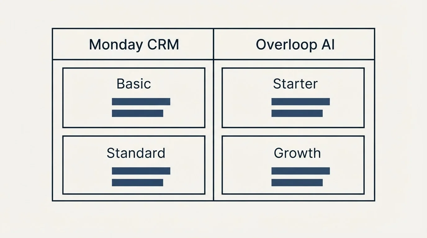 Pricing table: Pricing Comparison (Monday CRM, Overloop AI, Basic, Starter)