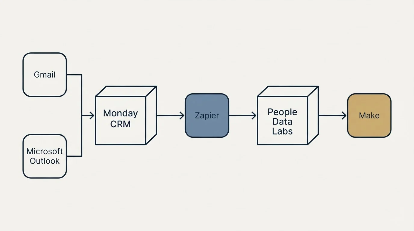 Integration flow: Integration Ecosystem (Monday CRM, People Data Labs, Zapier, Gmail)