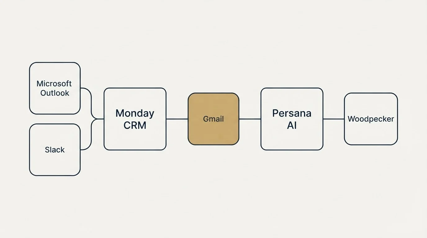 Integration schematic: Integration Ecosystem (Monday CRM, Persana AI, Gmail, Microsoft Outlook)