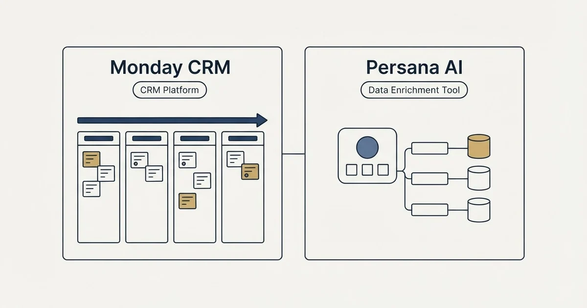 Side-by-side panels: Monday CRM vs Persana AI (CRM Platform, Data Enrichment Tool)