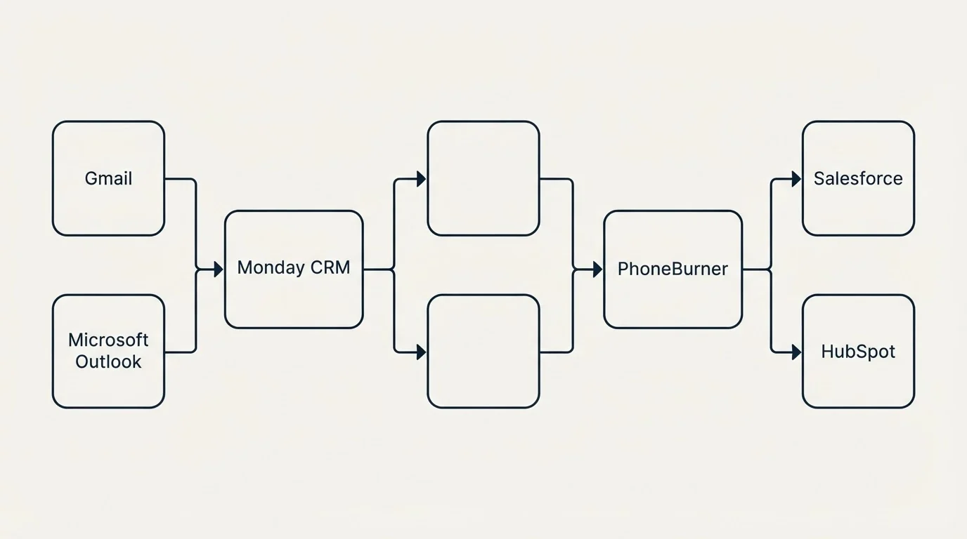 Integration flow: Integration Ecosystem (Monday CRM, PhoneBurner, Gmail, Salesforce)