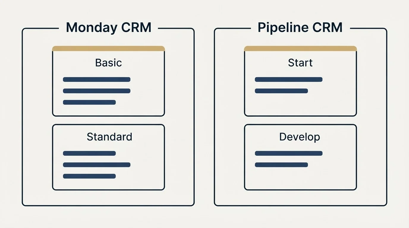 Pricing panels: Pricing Comparison (Monday CRM, Pipeline CRM, Basic, Start)