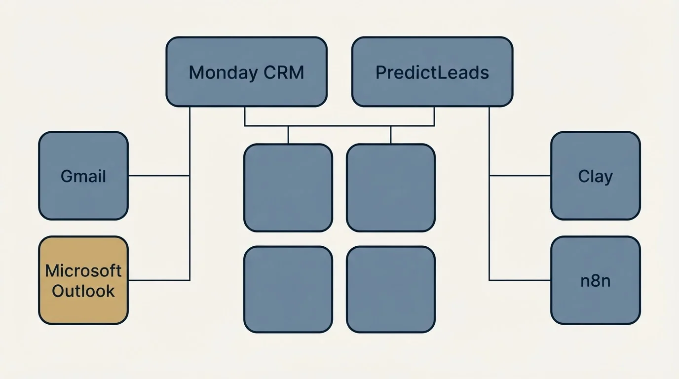 Integration grid: Integration Ecosystem (Monday CRM, PredictLeads, Gmail, Clay)