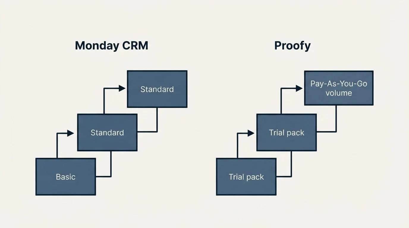 Pricing ladder: Pricing Comparison (Monday CRM, Proofy, Basic, Trial pack)