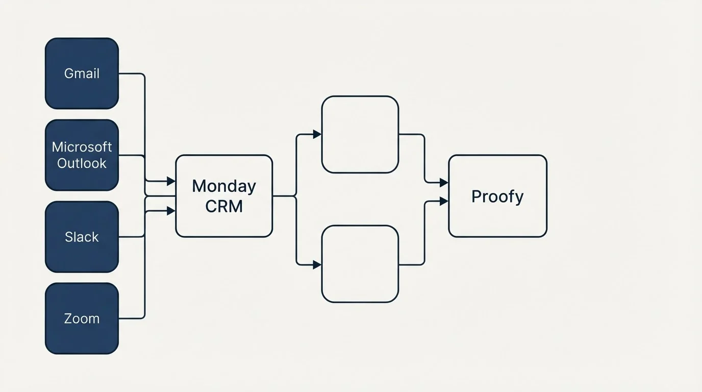 Integration flow: Integration Ecosystem (Monday CRM, Proofy, Gmail, Microsoft Outlook)