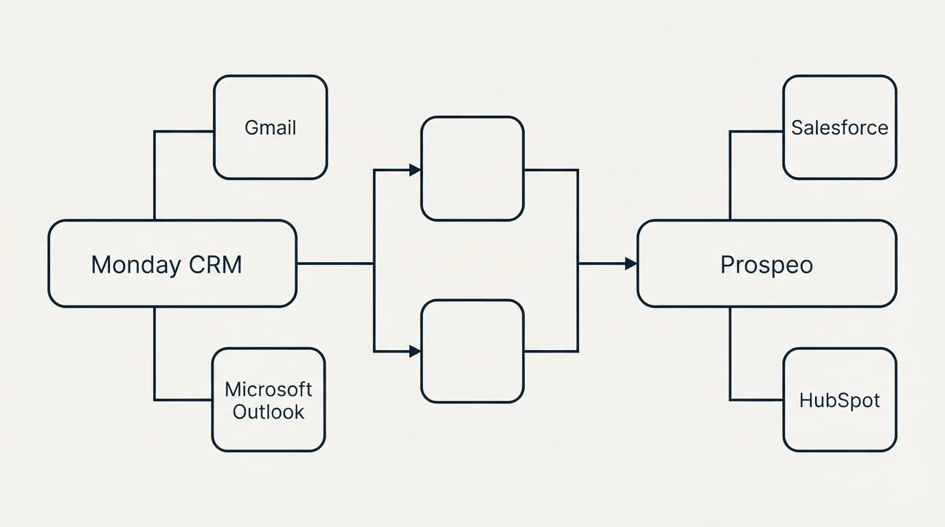 Integration flow: Integration Ecosystem (Monday CRM, Prospeo, Gmail, Salesforce)