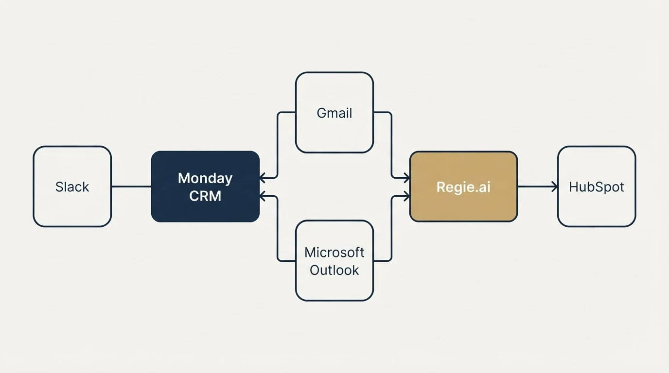 Integration flow: Integration Ecosystem (Monday CRM, Regie.ai, Gmail, Microsoft Outlook)