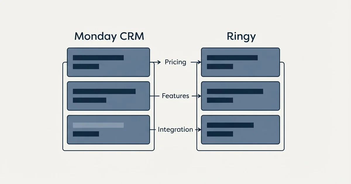 Comparison panel: Monday CRM vs Ringy (Pricing, Features, Integration)